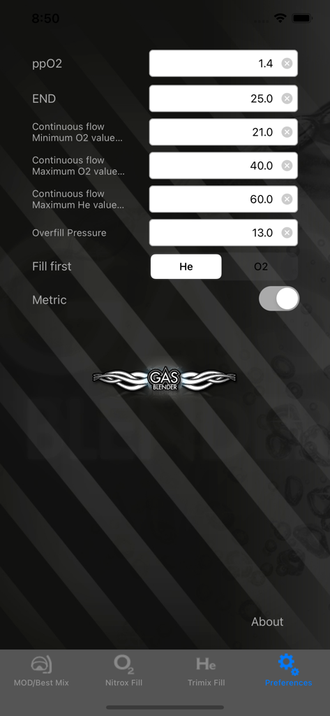 Gas*Blender - 산소 및 헬륨 가스 혼합 설정을 포함한 Gas Blender 앱 환경 설정 화면