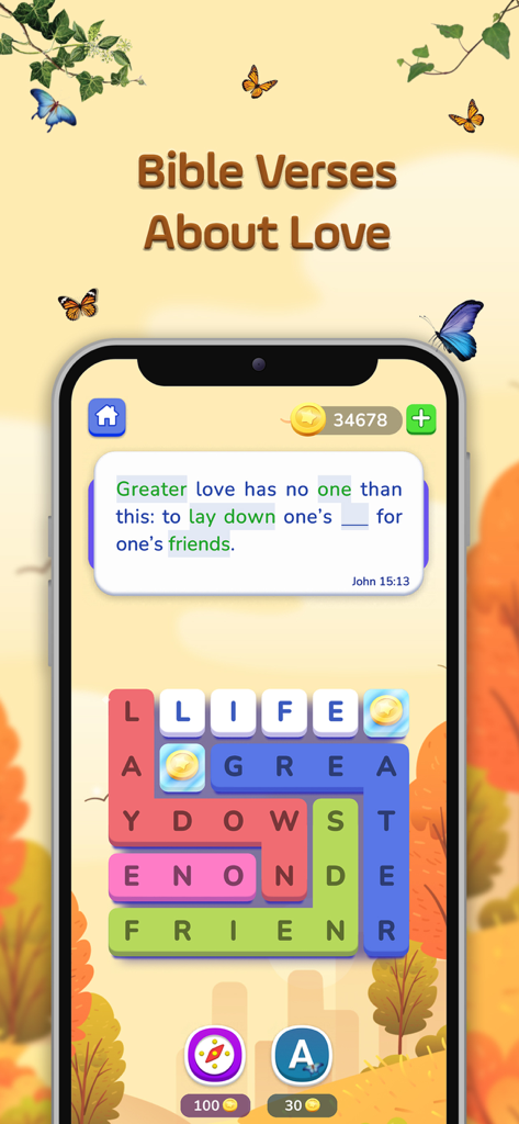 Bible Crossword Games - A mobile app screen for a Bible crossword game featuring a scripture verse about love from John 15:13.