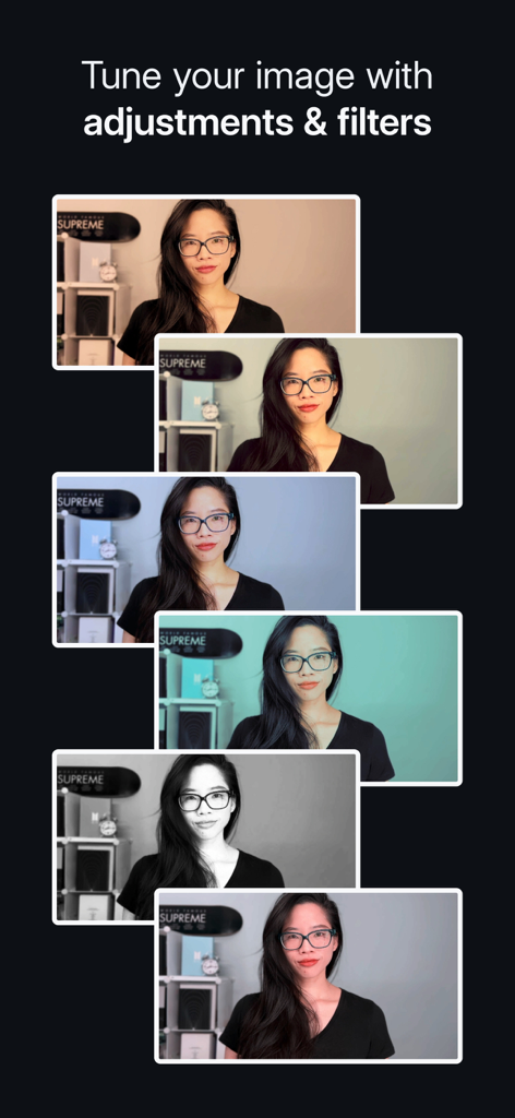 Camo Camera - A series of video frames showcasing different filters and image adjustments in Camo Camera