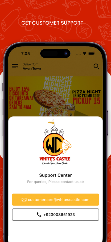 Whites Castle - Whites Castle mobile app support center screen showing contact information