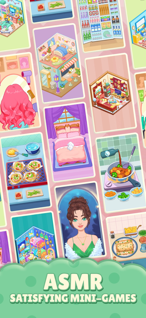 Tidy Up - Satisfeel ASMR - Un collage colorido de satisfactorios minijuegos ASMR que incluyen decoración de habitaciones, cocina y organización