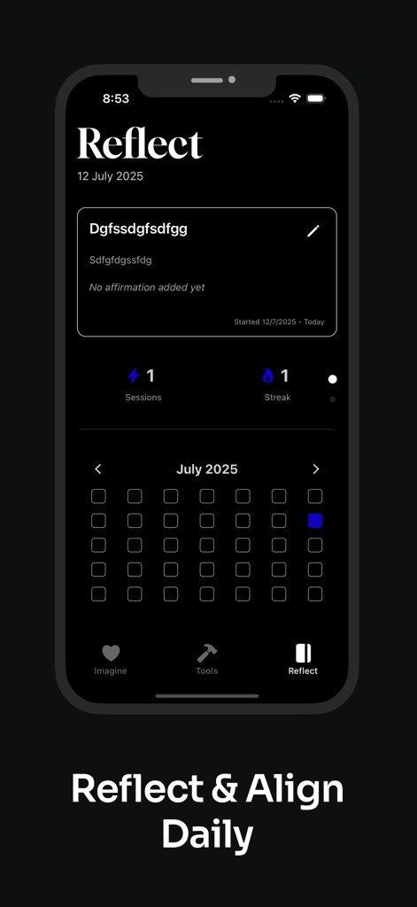 A tela de reflexão do aplicativo Nev mostrando um calendário diário de manifestação e um contador de sequência de sessões