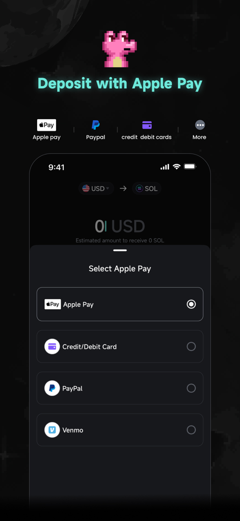 GMGN Meme Track mobile app screen showing options to deposit USD using Apple Pay PayPal and Venmo for crypto trading