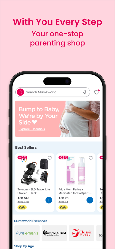 Mumzworld - Pantalla de inicio de la aplicación móvil Mumzworld que muestra cochecitos de bebé y productos de cuidado para la maternidad