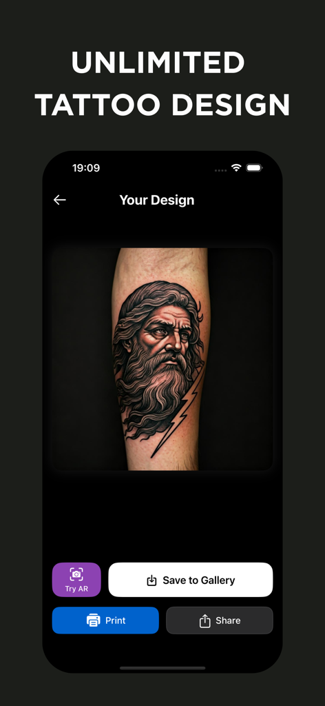 Tattoo AI: Generator & Design - AIタトゥー生成アプリのインターフェース。前腕にカスタムのギリシャ神デザインが表示され、ARや印刷を試すオプションがあります。