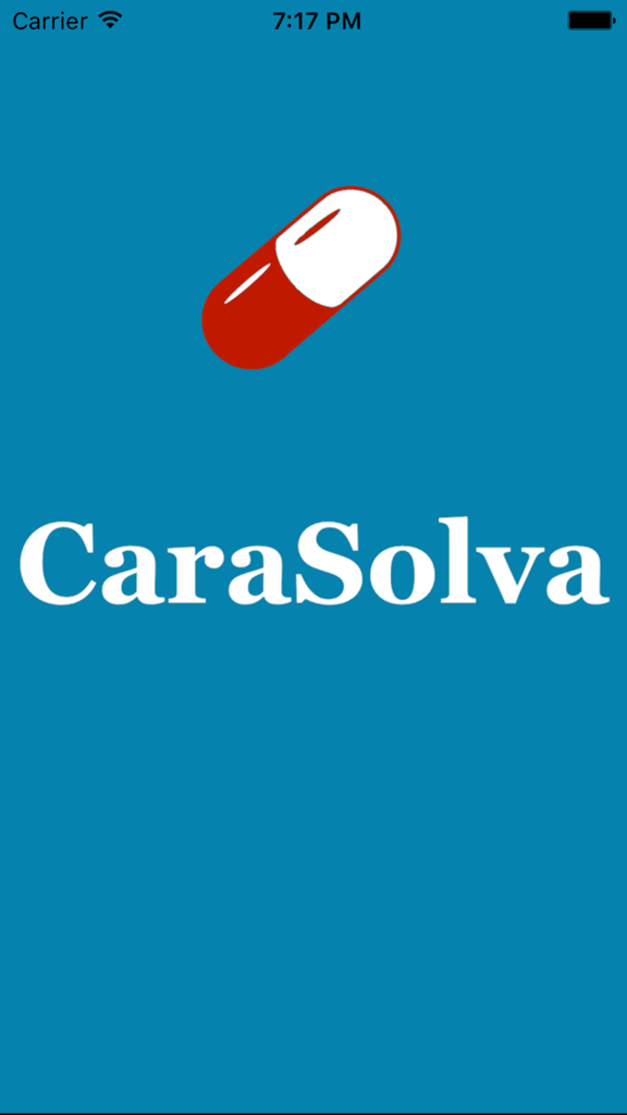 CaraSolva Prompt app splash screen with red and white pill icon on a blue background