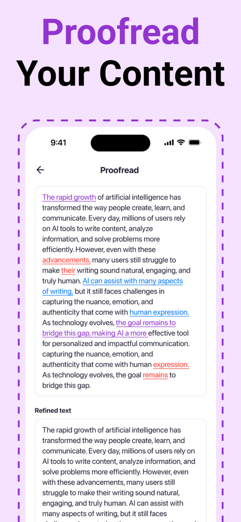 Humanix - AI Text Humanizer - Screenshot of the Humanix app showing the proofreading interface with text suggestions and refined content.