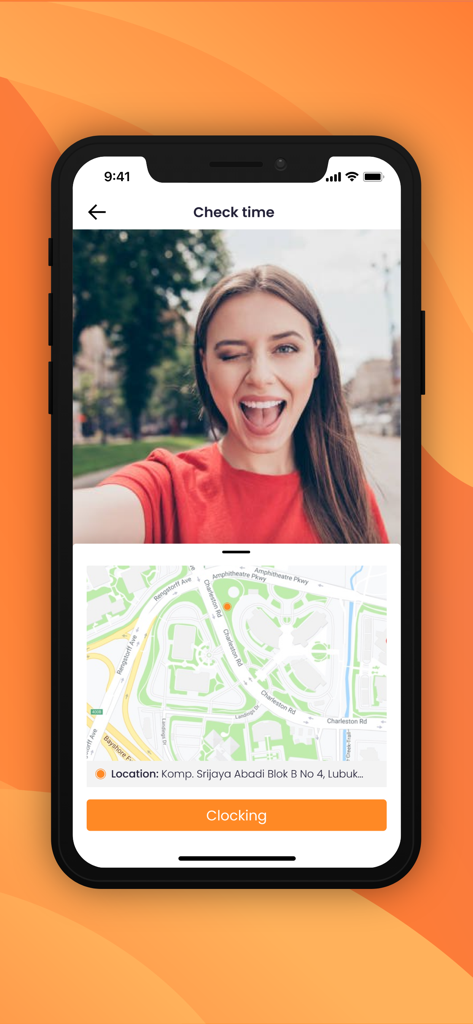 Haermes Mobile 3 app interface showing face recognition clock in and GPS location map