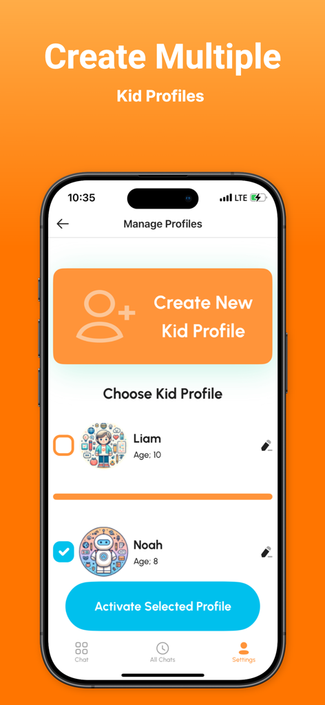 Chat Kids: Safe AI for Family - Interface for creating and managing multiple child profiles with specific ages in the Chat Kids app