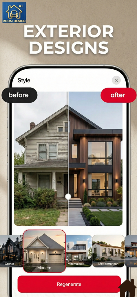 Room Planner AI Home Design - Comparison slider showing a house before and after an AI exterior redesign