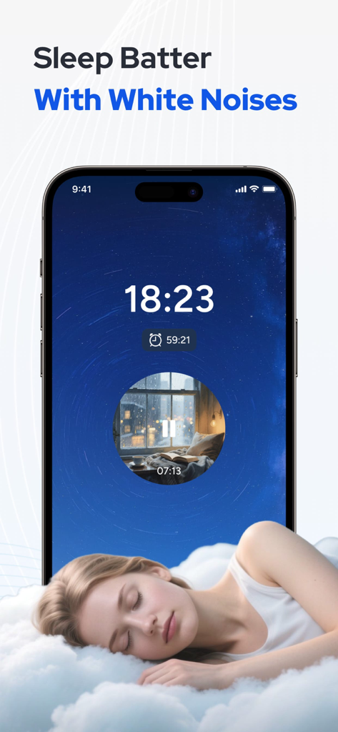 The InPulse app sleep sounds interface displaying white noises to help a woman sleep peacefully.