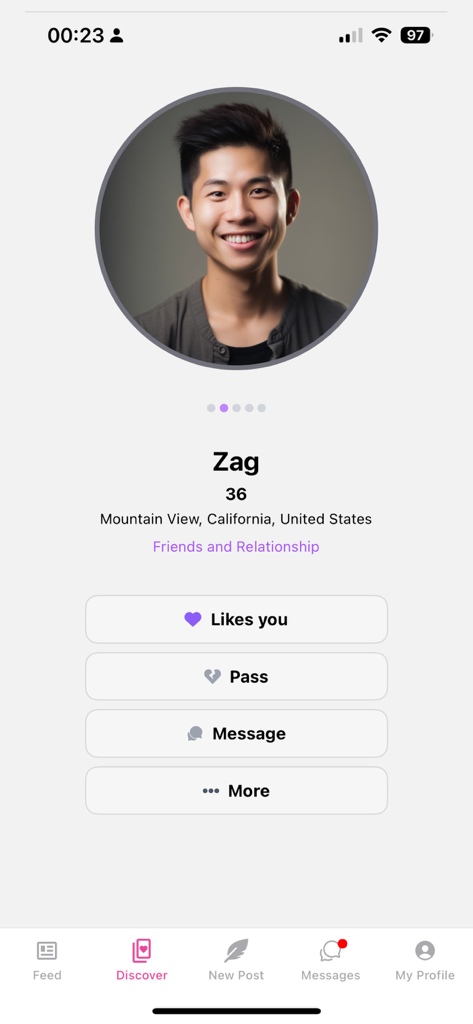 AceSpace: Dating & Friendships - User profile screen in the AceSpace app showing a potential match named Zag with options to like or message