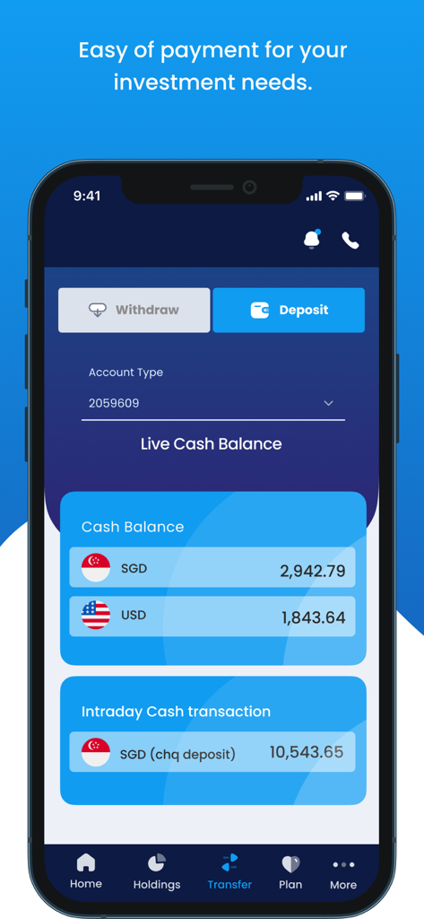 Phillip MyWealth - Phillip MyWealth mobile app screen displaying live cash balances in SGD and USD with deposit and withdrawal options.