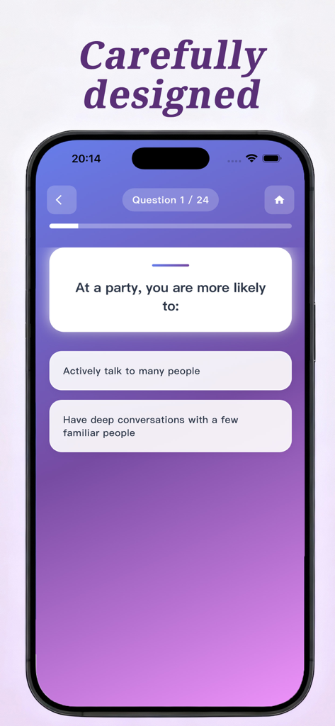 パーティーでの社会的行動に関する性格診断の質問を示すモバイル画面。