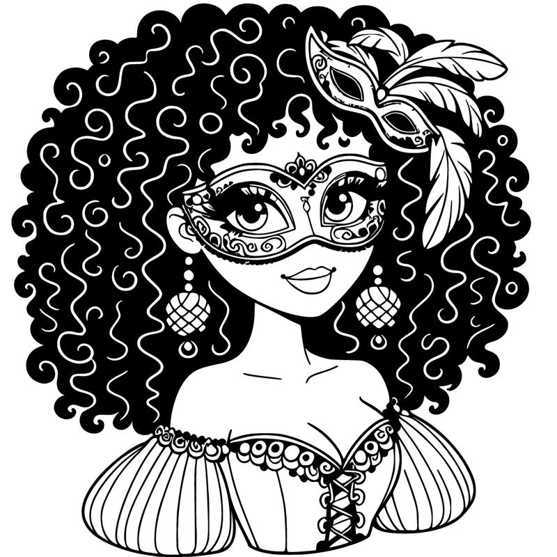 beautiful woman with curly hair and big eyes wearing a masked ball outfit