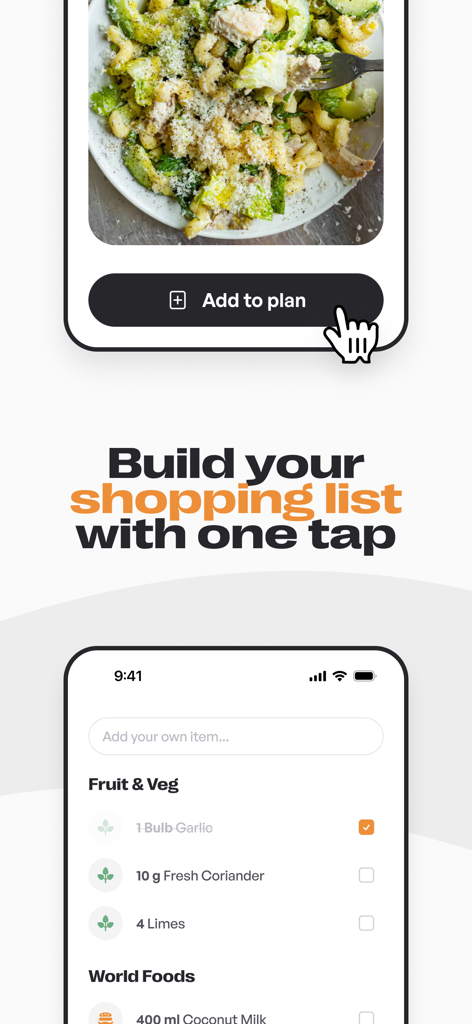 Mob: Meal Planner and Recipes - Mob app interface showing how to add a recipe to a meal plan and generate a grocery shopping list