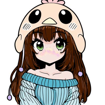 anime girl with chick shaped hat with sweater with bare shoulders with bangs covering them one eye with low tail