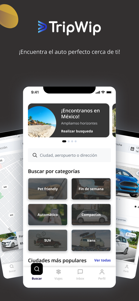 Interfaz de la app TripWip mostrando búsqueda de alquiler de coches y categorías de vehículos como SUV y Aptos para mascotas