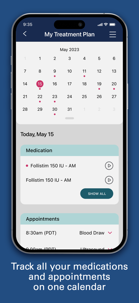 Prelude Connect - A screenshot of the Prelude Connect app showing the treatment plan calendar with medication and appointment tracking