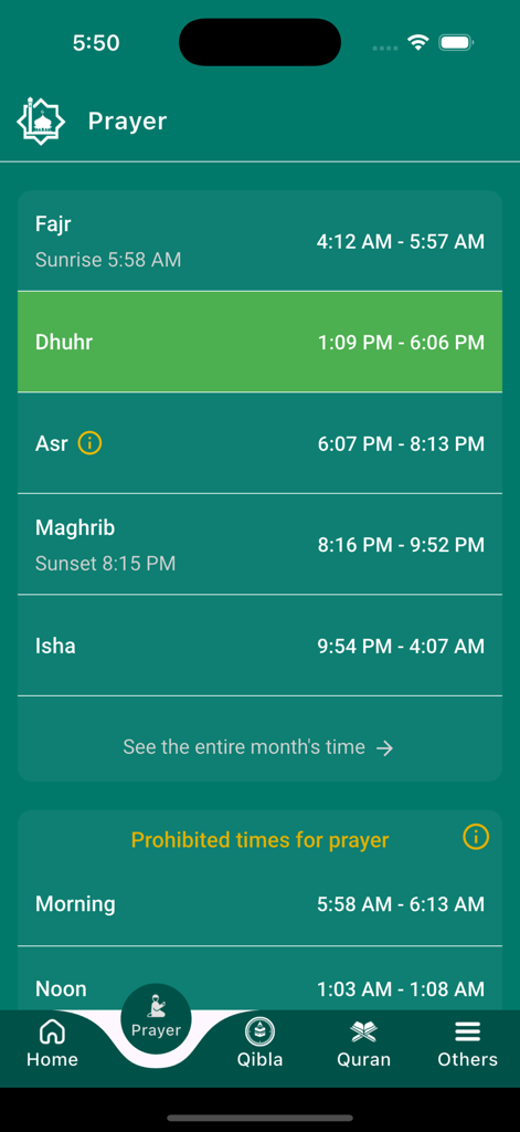 Daily Islamic prayer times schedule screen in the Light of Deen app