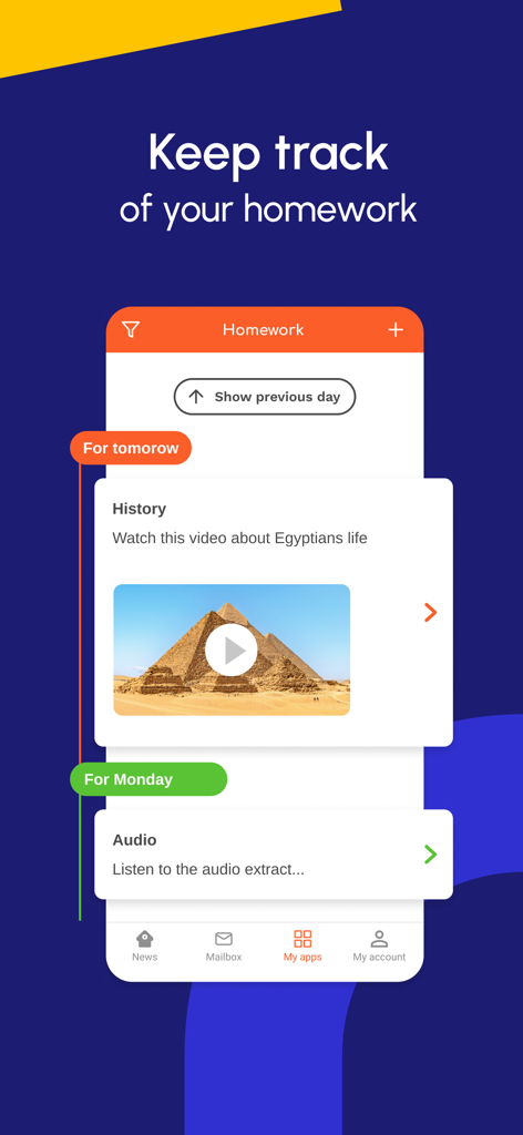 Interface de l'application ONE Pocket montrant un suivi des devoirs avec historique et devoirs audio pour les élèves du primaire.
