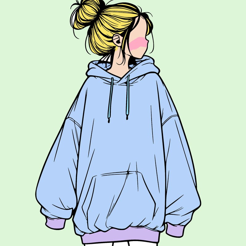 realistic girl with a oversized sweatshirt on and a bun