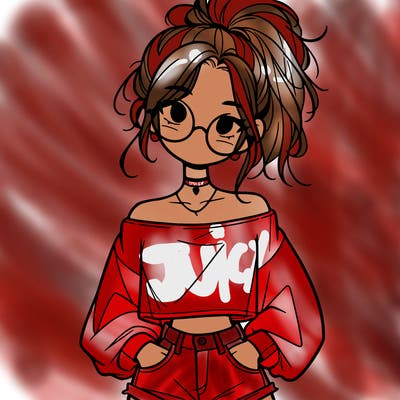 girl with a messy ponytail glasses a baggy crop top and jean shorts