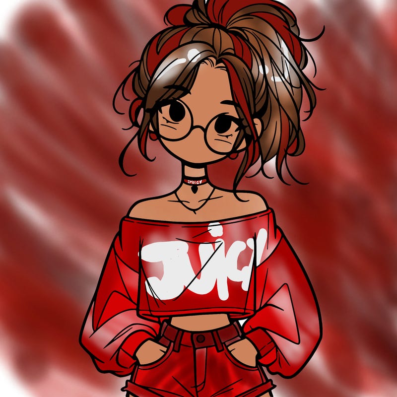 girl with a messy ponytail glasses a baggy crop top and jean shorts