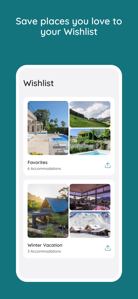e-domizil - Écran de l'application mobile montrant une liste de souhaits de locations de vacances enregistrées, organisées par catégories comme favoris et vacances d'hiver.