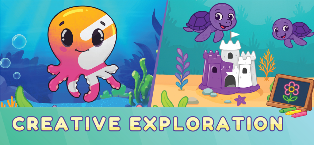 Colorful octopus and turtle characters in an underwater scene for toddler learning