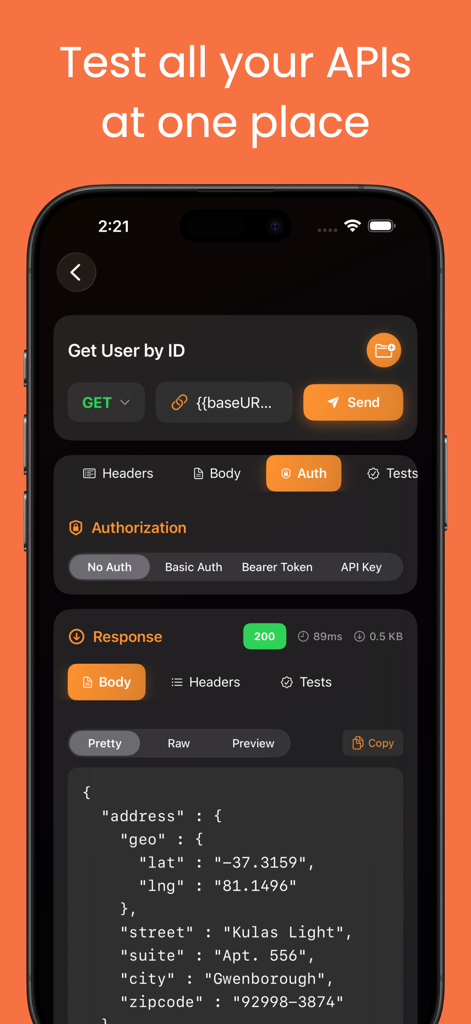 Postmon - Rest API Client - Mobile interface of Postmon REST API client showing a GET request and JSON response