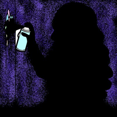 realistic girl with mask spray painting a wall