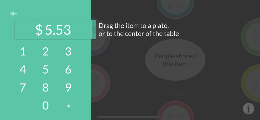 Plates by Splitwise app interface with a numeric keypad and drag and drop instructions for splitting bill items