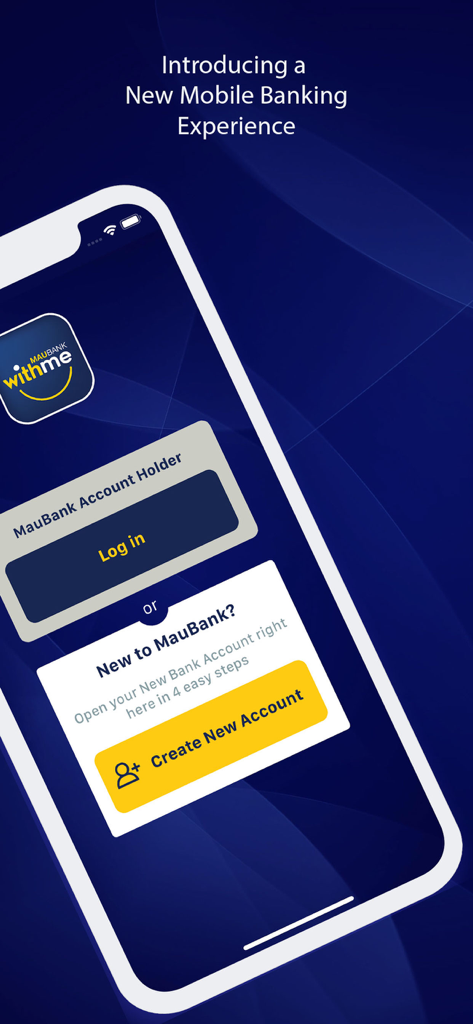 MauBank WithMe mobile banking app welcome screen with login and account creation options