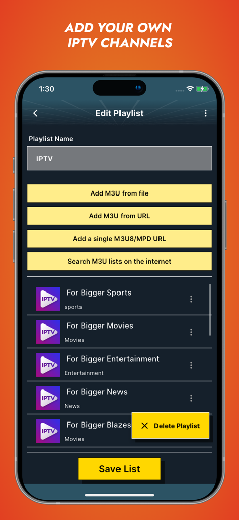 Orbitv: Live TV, IPTV Player - Orbitv app screen showing options to add and manage custom IPTV M3U playlists