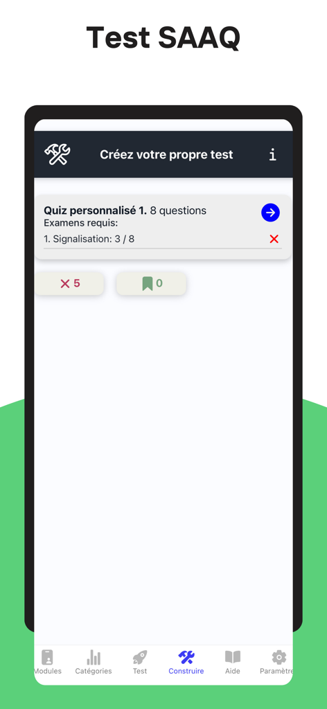 Test SAAQ - Una pantalla de la aplicación móvil que muestra la interfaz del creador de cuestionarios personalizados para el examen teórico de conducir SAAQ.
