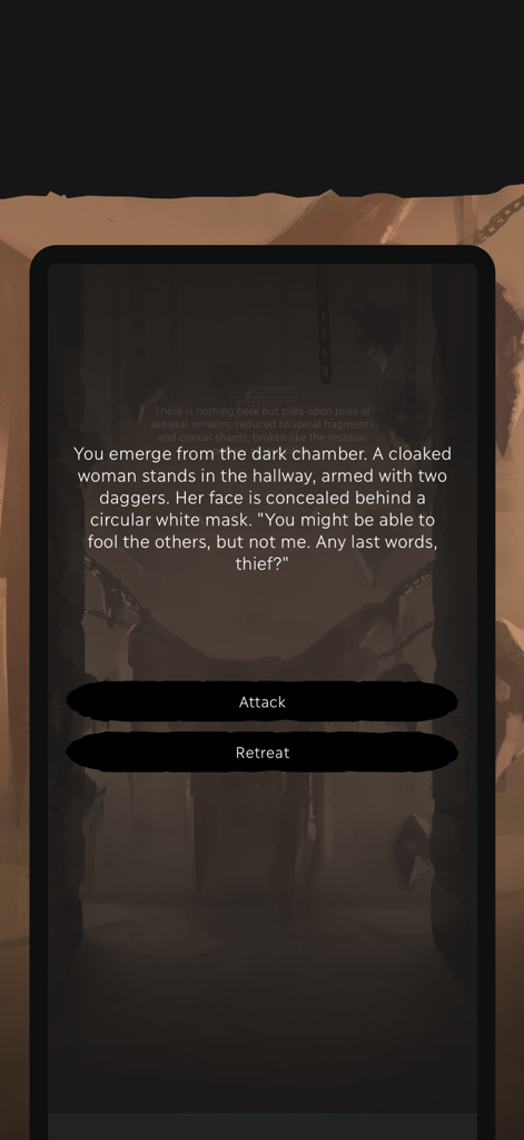 Text-based roleplaying encounter in Eldrum Untold with options to attack or retreat