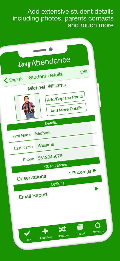Una interfaz móvil de la aplicación Attendance Tracker que muestra el perfil de un estudiante con detalles de contacto y una foto.