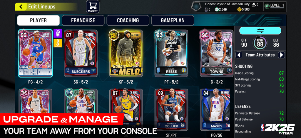 Interfaccia per modificare le formazioni e gestire le carte giocatore NBA e WNBA in NBA 2K26 MyTEAM