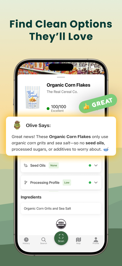 Olive app interface showing a 100 out of 100 score for organic corn flakes indicating no seed oils or additives.