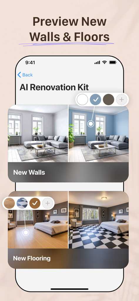 AI Remodelアプリのインターフェース。家の壁の色や床材のスタイルを変更するためのプレビューが表示されています。