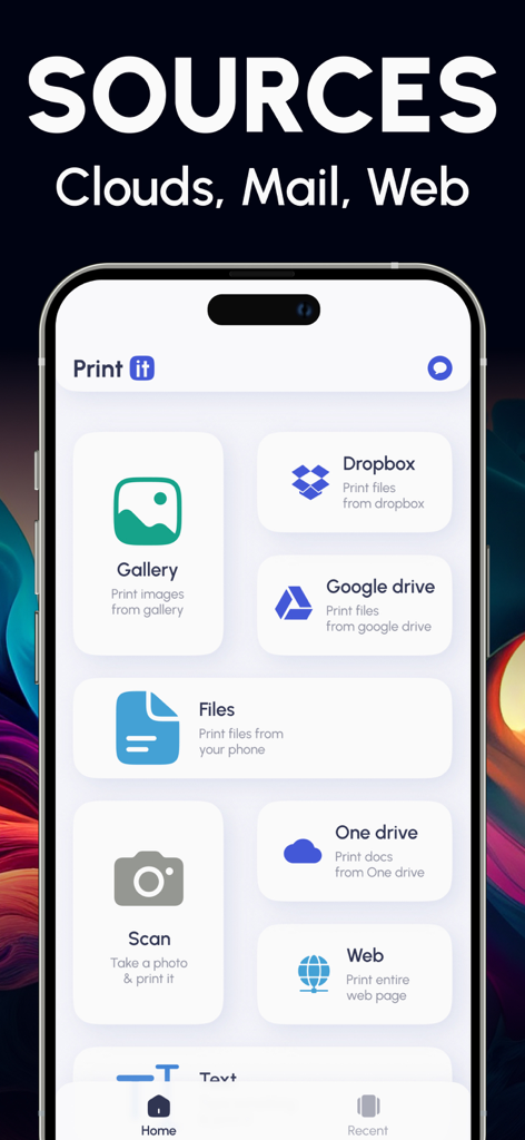 Printer App Smart Printer - Smart printer app interface displaying multiple file source options for printing including Gallery Dropbox Google Drive Files One Drive and Web