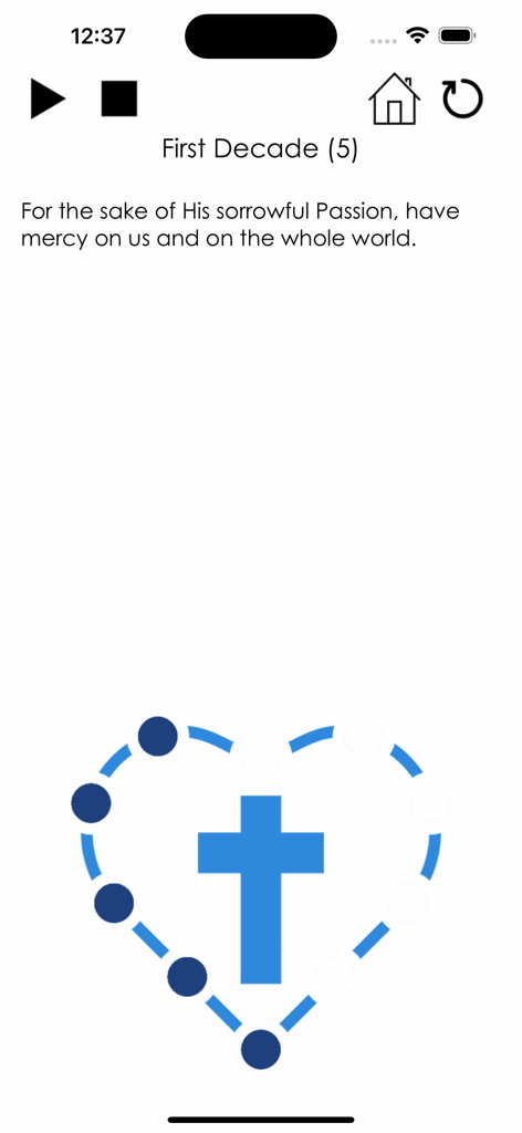 My Chaplet of Divine Mercy - Pantalla de la aplicación móvil Rosario de la Divina Misericordia que muestra el texto de la oración para la primera decena y un rastreador de cuentas en forma de corazón con una cruz azul.