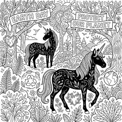 Discover a captivating black unicorns coloring page celebrating Earth Day, set in a lush forest with powerful environmental messages. Immerse yourself in the magic of nature and creativity with this unique template.