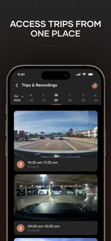 Qubo Pro - Une capture d'écran de l'application Qubo Pro montrant une liste d'enregistrements et de trajets de dashcam avec des miniatures vidéo sur une interface de smartphone.