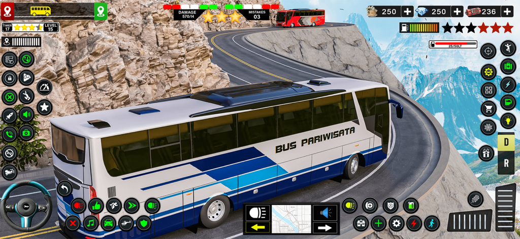 Real Bus Simulator: Ultimate - Un autobús turístico navegando por una estrecha y sinuosa carretera de montaña en Real Bus Simulator Ultimate.