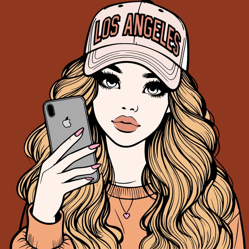 realistic beautiful girl wearing los ángeles cap holding an iphone