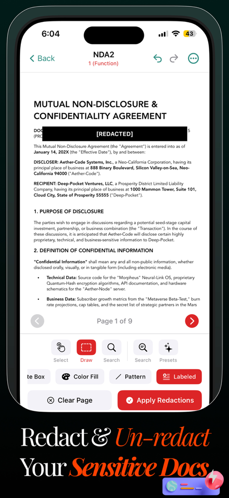 Interfaz de la aplicación Legal Scan que muestra la herramienta de redacción utilizada para ocultar información sensible en un contrato de confidencialidad.