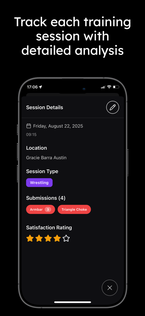 FlowRoll - BJJ Training Pal - FlowRoll mobile app screen showing BJJ training session details including location session type and techniques tracked