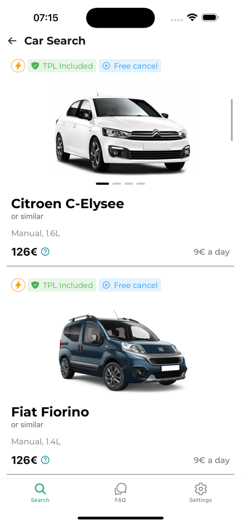 Localrent rent a car - Localrent 앱 화면, 렌터카 옵션 및 가격 표시